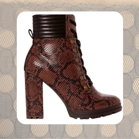 Just Fab • brown & black snakeskin print lace up 4” heel ankle boots - Picture 3 of 15